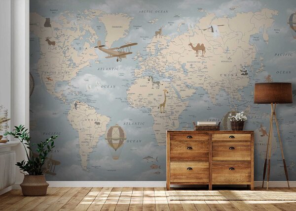 Fototapeta Mapa świata z różnymi zwierzętami i ptakami, Fototapety z mapami świata, Popularne Fototapety, u60135 - Tapeko.pl