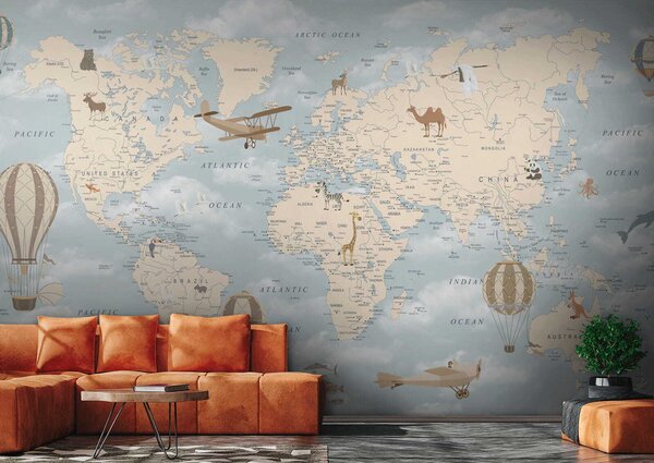 Fototapeta Mapa świata z różnymi zwierzętami i ptakami, Fototapety z mapami świata, Popularne Fototapety, u60135 - Tapeko.pl