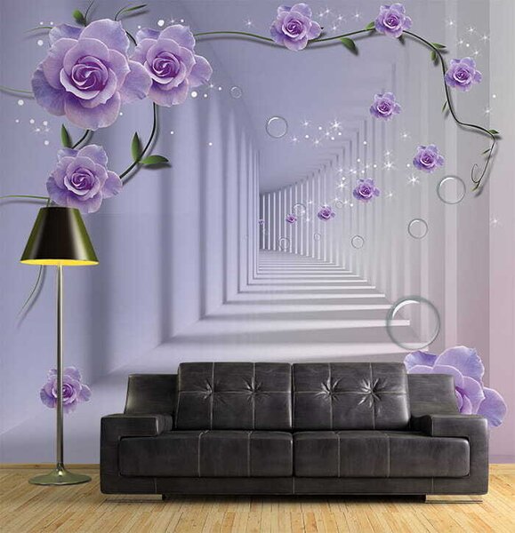 Fototapeta Tapeta z fioletowymi różami i schodami, Fototapety 3d, Popularne Fototapety, u60194 - Tapeko.pl