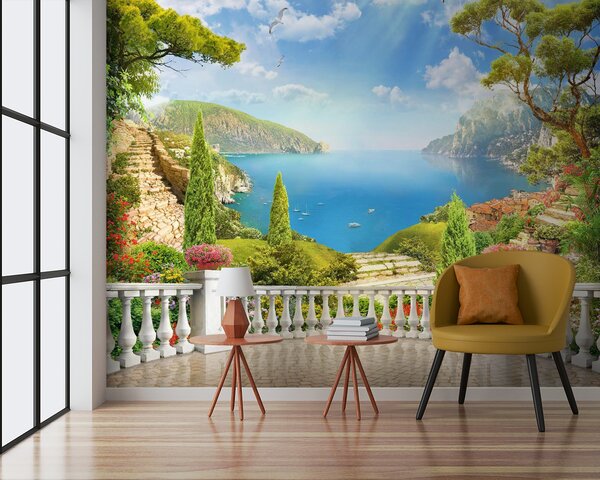Fototapeta Balkon z widokiem na jezioro i drzewa, Fototapety Góry, Popularne Fototapety, u60261 - Tapeko.pl