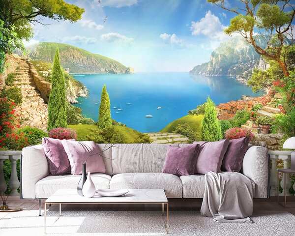 Fototapeta Balkon z widokiem na jezioro i drzewa, Fototapety Góry, Popularne Fototapety, u60261 - Tapeko.pl