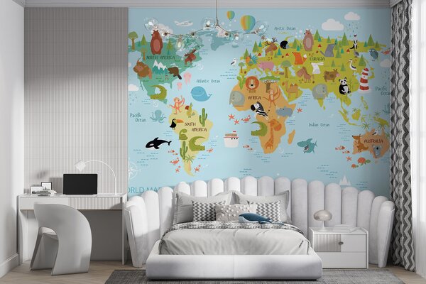 Fototapeta Mapa świata ze zwierzętami, Fototapety Dziecięce, Popularne Fototapety, u62047 - Tapeko.pl