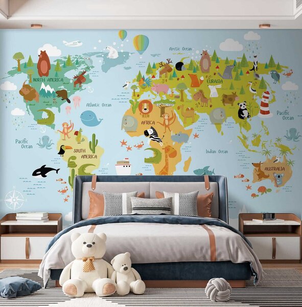Fototapeta Mapa świata ze zwierzętami, Fototapety Dziecięce, Popularne Fototapety, u62047 - Tapeko.pl