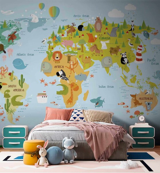Fototapeta Mapa świata ze zwierzętami, Fototapety Dziecięce, Popularne Fototapety, u62047 - Tapeko.pl