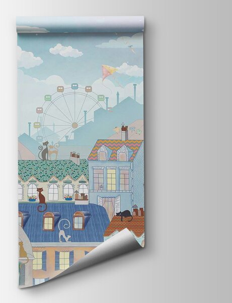 Fototapeta Kreskówkowe miasto z wieloma budynkami i balonami na ogrzane powietrze, Fototapety Dziecięce, Popularne Fototapety, u62119 - Tapeko.pl