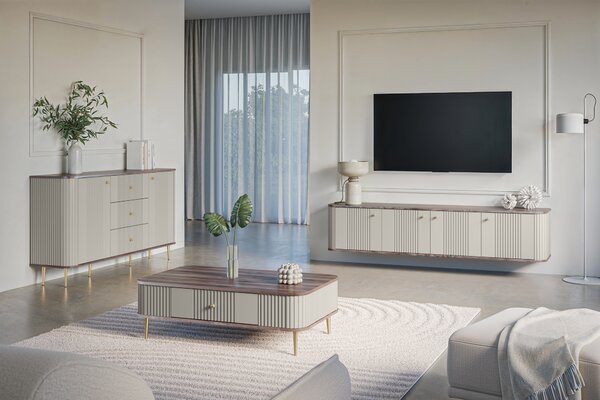 Stolik kawowy Vesper 103x60 cm z szufladą - kaszmir / orzech / złote nogi