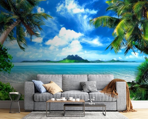 Fototapeta Plaża z palmami i błękitną wodą, Fototapety Morze i Plaża, Popularne Fototapety, u64771 - Tapeko.pl