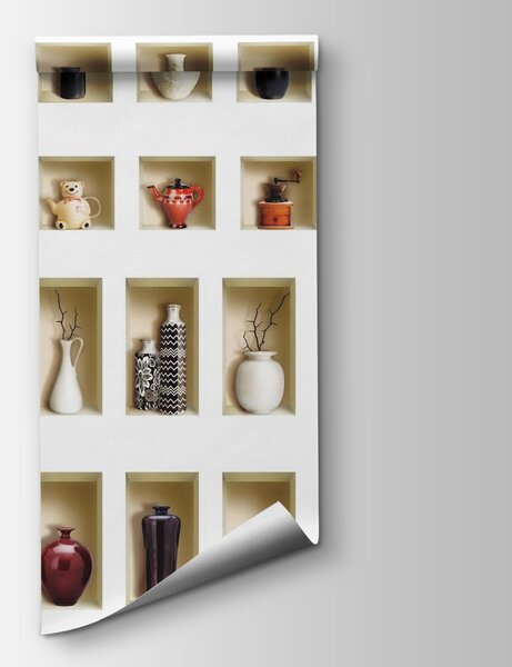 Fototapeta Ściana z półkami pełnymi wazonów i kwiatów, Fototapety Powiększające wnętrze, Popularne Fototapety, u66450 - Tapeko.pl