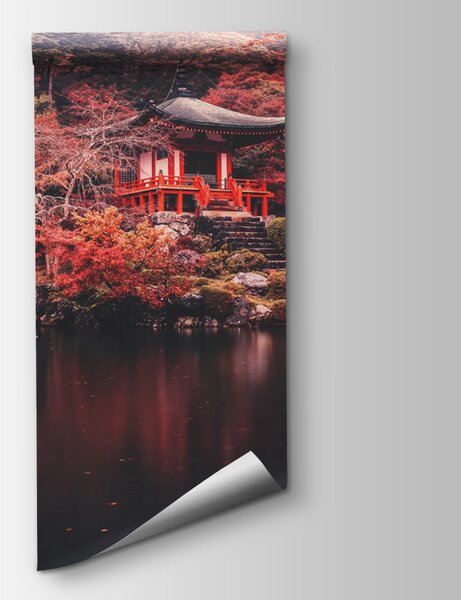 Fototapeta Mały budynek z czerwonym mostem nad wodą, Fototapety Natura, Popularne Fototapety, u68184 - Tapeko.pl