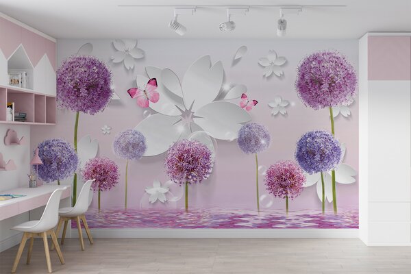 Fototapeta Fioletowe kwiaty i motyle, Fototapety 3d z kwiatami, Popularne Fototapety, u70582 - Tapeko.pl