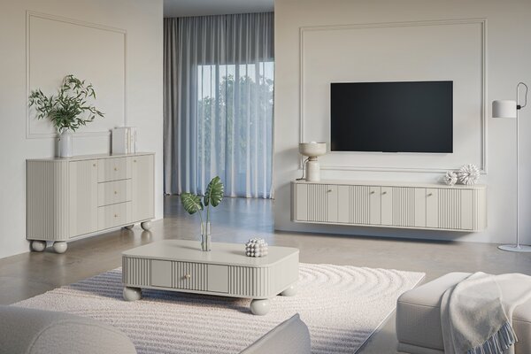 Stolik kawowy Vesper 103x60 cm z szufladą - kaszmir / złote uchwyty / nogi kule