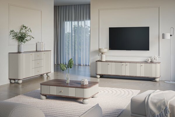 Stolik kawowy Vesper 103x60 cm z szufladą - kaszmir / orzech / złote uchwyty / nogi kule