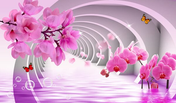 Fototapeta Różowe kwiaty w tunelu, Fototapety 3d, Popularne Fototapety, u70606 - Tapeko.pl