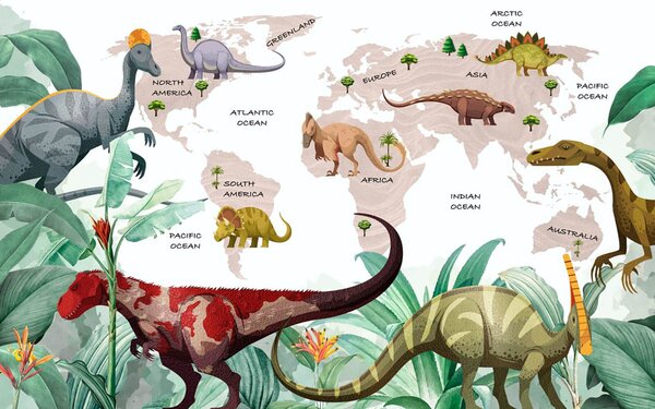 Fototapeta Mapa dinozaurów z roślinami i nazwami, Fototapety Dziecięce, Popularne Fototapety, u71068v4 - Tapeko.pl