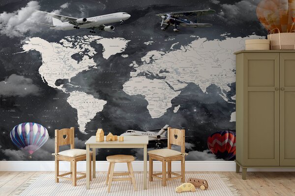 Fototapeta Mapa świata z samolotami i balonami na ogrzane powietrze, Fototapety Dziecięce, Popularne Fototapety, u72597 - Tapeko.pl