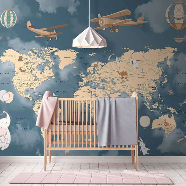 Fototapeta Mapa świata z samolotami i balonami, Fototapety Dziecięce, Popularne Fototapety, u72590 - Tapeko.pl
