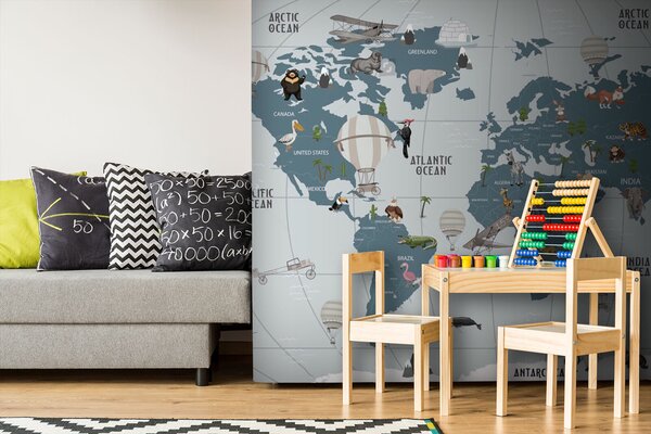 Fototapeta Mapa świata ze zwierzętami, Fototapety Dziecięce, Popularne Fototapety, u72588 - Tapeko.pl