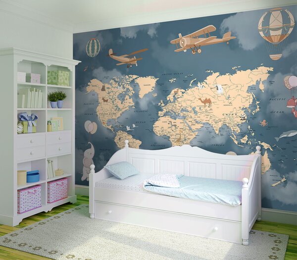 Fototapeta Mapa świata z samolotami i balonami, Fototapety Dziecięce, Popularne Fototapety, u72590 - Tapeko.pl