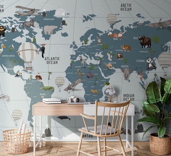 Fototapeta Mapa świata ze zwierzętami, Fototapety Dziecięce, Popularne Fototapety, u72588 - Tapeko.pl