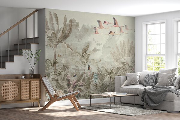 Fototapeta Mural przedstawiający ptaki lecące nad lasem, Fototapety design, Popularne Fototapety, u73561 - Tapeko.pl