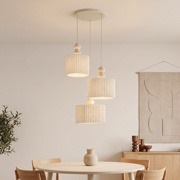 Lampa wisząca Japandi beżowa z lnianym abażurem 3-punktowa - Fedde
