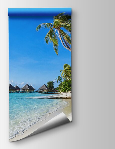 Fototapeta Plaża z palmami i chatkami, Fototapety Morze i Plaża, Popularne Fototapety, u74337 - Tapeko.pl