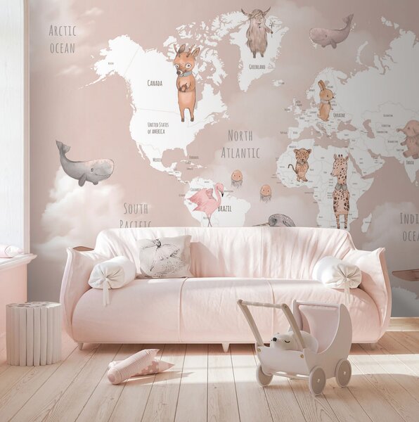 Fototapeta Mapa świata ze zwierzętami, Fototapety Dziecięce, Popularne Fototapety, u74511 - Tapeko.pl