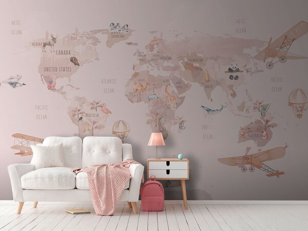 Fototapeta Mapa świata ze zwierzętami i ptakami, Fototapety Dziecięce, Popularne Fototapety, u74508 - Tapeko.pl
