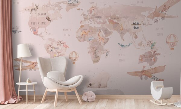Fototapeta Mapa świata ze zwierzętami i ptakami, Fototapety Dziecięce, Popularne Fototapety, u74508 - Tapeko.pl