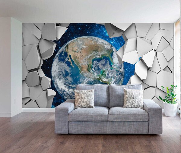 Fototapeta Planeta Ziemia przebijająca się przez dziurę w ścianie, Fototapety 3d, Popularne Fototapety, u77808 - Tapeko.pl