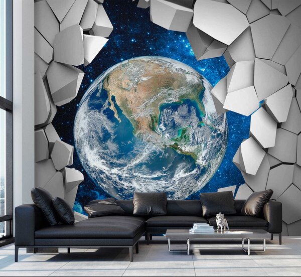 Fototapeta Planeta Ziemia przebijająca się przez dziurę w ścianie, Fototapety 3d, Popularne Fototapety, u77808 - Tapeko.pl