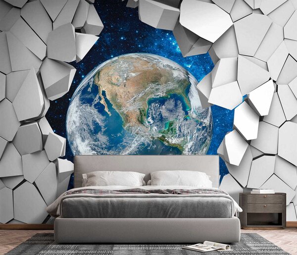 Fototapeta Planeta Ziemia przebijająca się przez dziurę w ścianie, Fototapety 3d, Popularne Fototapety, u77808 - Tapeko.pl