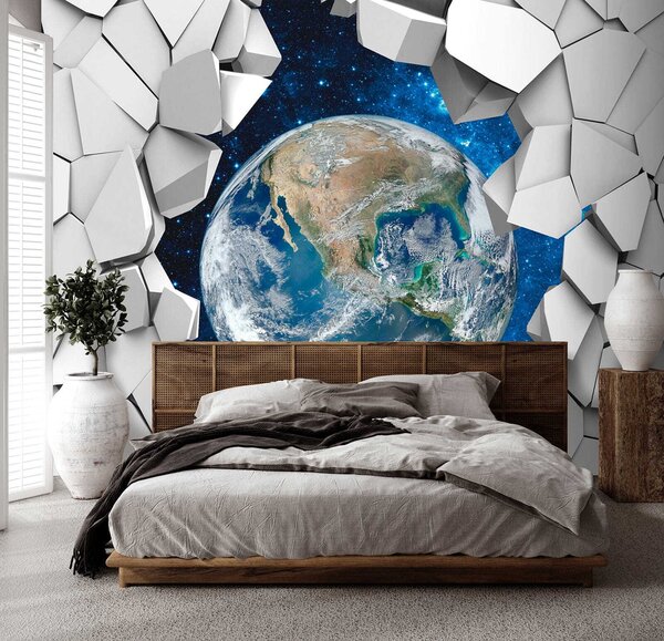 Fototapeta Planeta Ziemia przebijająca się przez dziurę w ścianie, Fototapety 3d, Popularne Fototapety, u77808 - Tapeko.pl