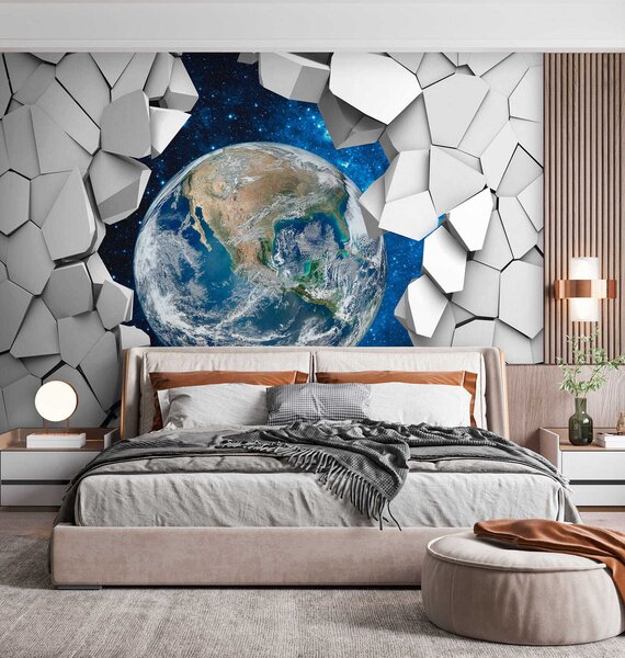 Fototapeta Planeta Ziemia przebijająca się przez dziurę w ścianie, Fototapety 3d, Popularne Fototapety, u77808 - Tapeko.pl