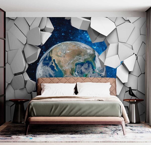Fototapeta Planeta Ziemia przebijająca się przez dziurę w ścianie, Fototapety 3d, Popularne Fototapety, u77808 - Tapeko.pl