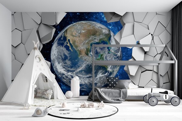 Fototapeta Planeta Ziemia przebijająca się przez dziurę w ścianie, Fototapety 3d, Popularne Fototapety, u77808 - Tapeko.pl