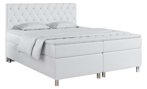 Modne łóżko kontynentalne 140x200 w stylu glamour na wysokich nóżkach - ROMA biała ecoskóra