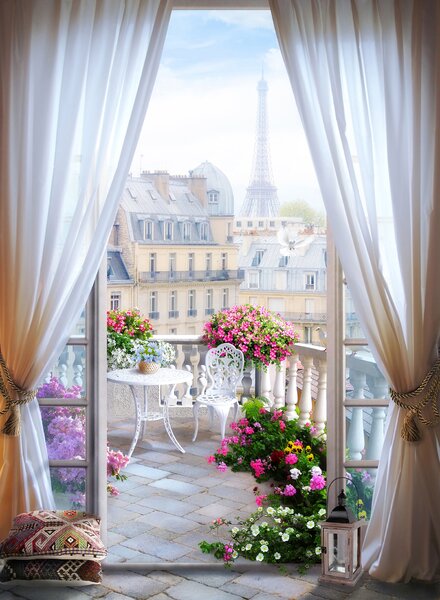 Fototapeta Balkon z widokiem na wieżę Eiffla, Fototapety Widok z okna, Popularne Fototapety, u79425 - Tapeko.pl