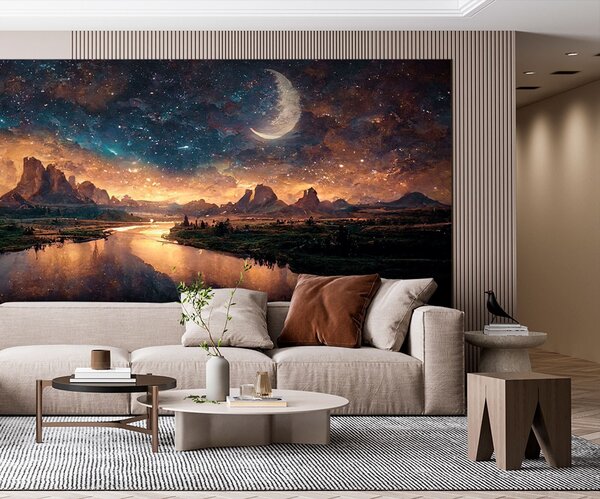 Fototapeta Rzeka z księżycem na niebie, Fototapety 3d, Popularne Fototapety, u79812 - Tapeko.pl