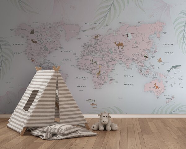 Fototapeta Mapa świata ze zwierzętami, Fototapety Dziecięce, Popularne Fototapety, u79832 - Tapeko.pl