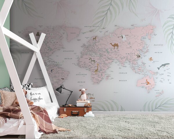 Fototapeta Mapa świata ze zwierzętami, Fototapety Dziecięce, Popularne Fototapety, u79832 - Tapeko.pl