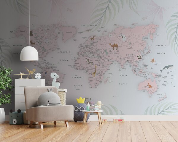 Fototapeta Mapa świata ze zwierzętami, Fototapety Dziecięce, Popularne Fototapety, u79832 - Tapeko.pl