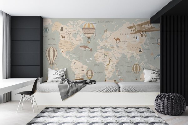 Fototapeta Mapa świata z samolotami i balonami na ogrzane powietrze, Fototapety Dziecięce, Popularne Fototapety, u79995 - Tapeko.pl