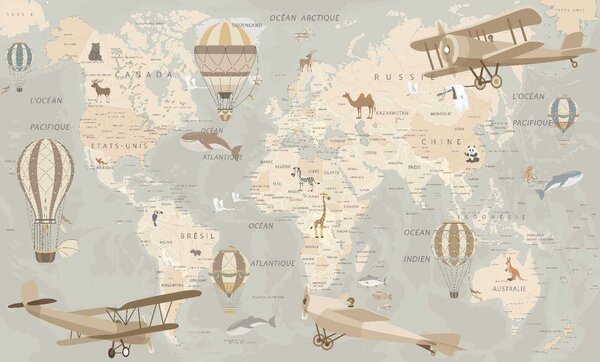 Fototapeta Mapa świata z samolotami i balonami na ogrzane powietrze, Fototapety Dziecięce, Popularne Fototapety, u79995 - Tapeko.pl