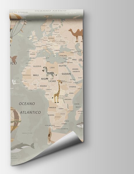 Fototapeta Mapa świata z samolotami i balonami na ogrzane powietrze, Fototapety z mapami świata, Popularne Fototapety, u79997 - Tapeko.pl