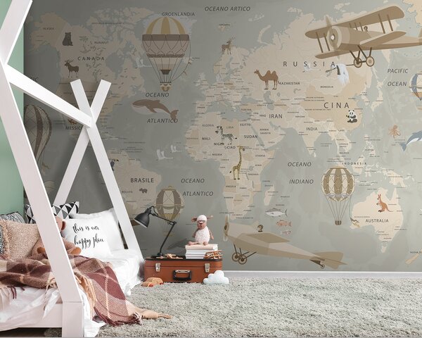 Fototapeta Mapa świata z samolotami i balonami na ogrzane powietrze, Fototapety z mapami świata, Popularne Fototapety, u79997 - Tapeko.pl