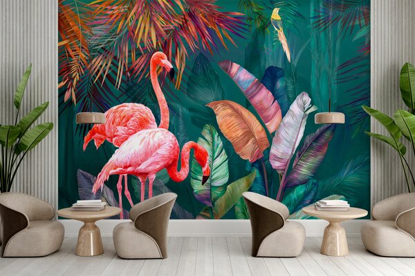 Fototapeta Flamingi i kolorowe liście, Fototapety 3d, Popularne Fototapety, u80403 - Tapeko.pl