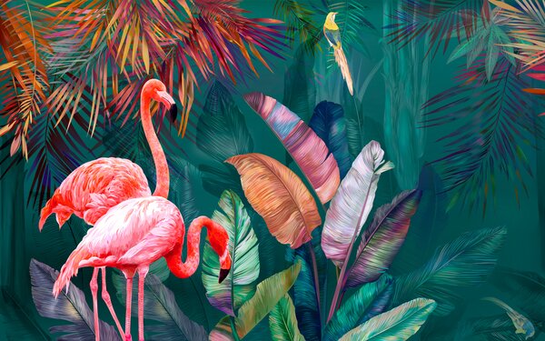 Fototapeta Flamingi i kolorowe liście, Fototapety 3d, Popularne Fototapety, u80403 - Tapeko.pl