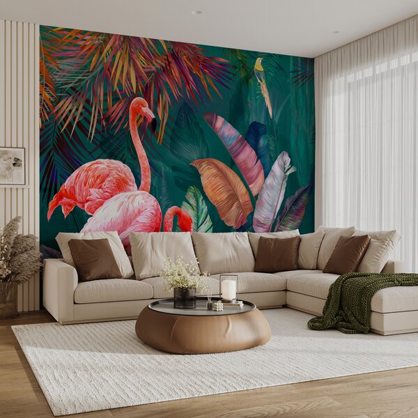 Fototapeta Flamingi i kolorowe liście, Fototapety 3d, Popularne Fototapety, u80403 - Tapeko.pl