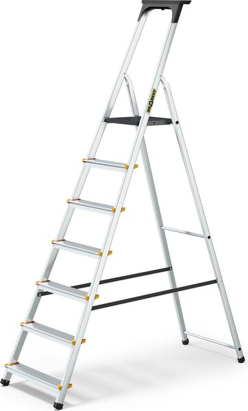 Drabest | Drabina składana - 7 stopni - udźwig 150kg - aluminiowa - antypoślizgowe nóżki - schodkowa - z półką